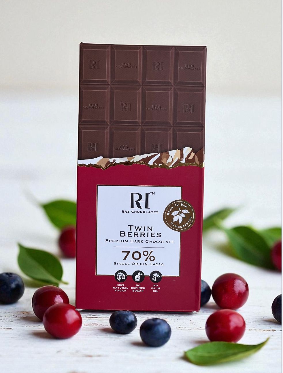 Dark Chocolate | Twin Berries Premium Dark Chocolate - 70% Single Origin Cacao - Bean To Bar - Handcrafted - 100% Natural Cacao - No Refined Sugar & No Palm Oil - Ras Chocolate - 80gm