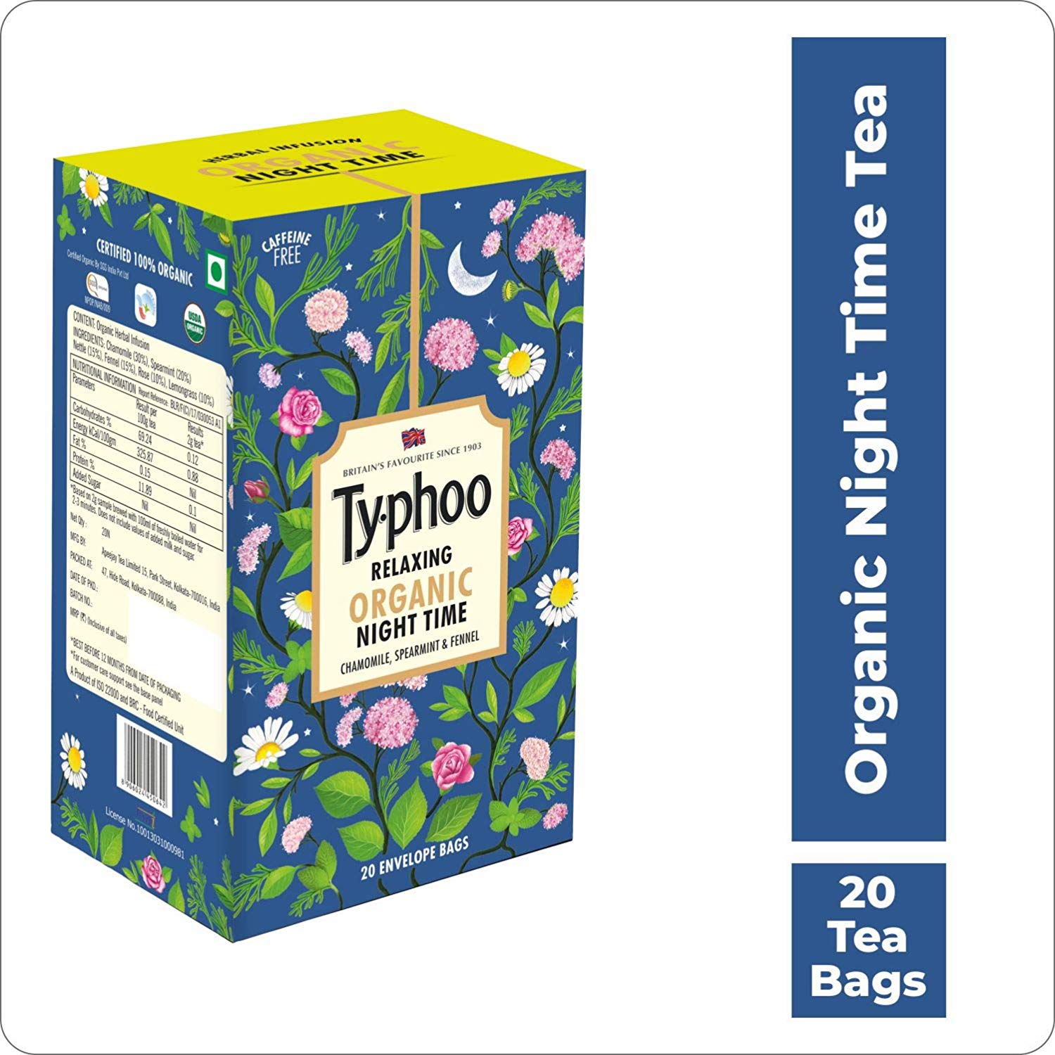 Relaxing Night Time Organic Herbal Tea with Chamomile Spearmint Fennel - Typhoo - 20Tea Bags