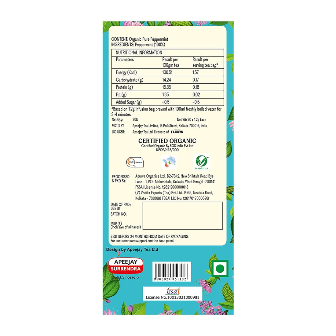 Tea | Refreshing Organic Peppermint Tea with Pure Peppermint - Flurys - 20Tea Bags