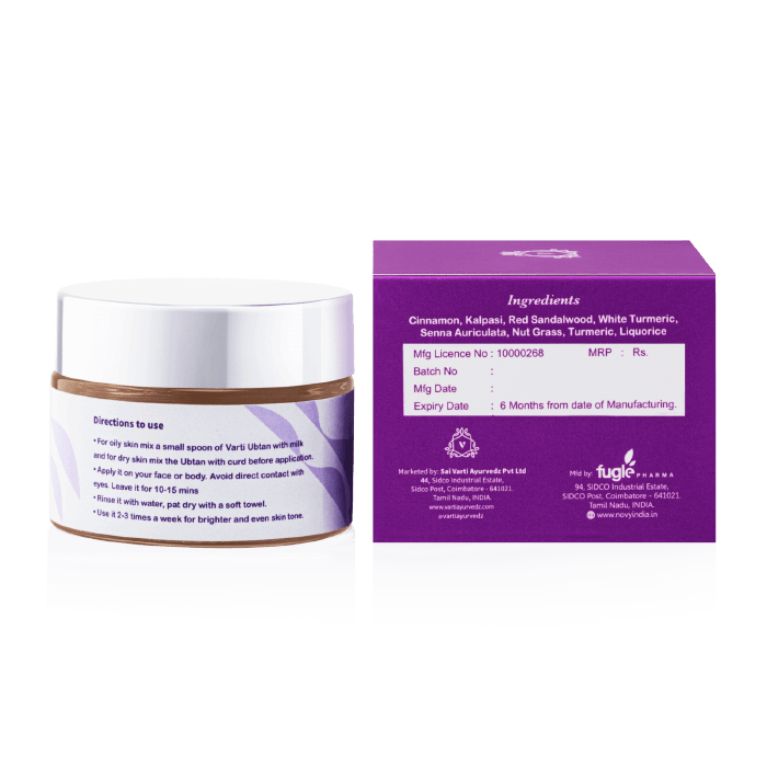 Ubtan | (Cinnamon, Red Sandalwood, Kalpasi And 27 Other Herbs) - 100% Organic - Parabens Fee , Silicone Free, No Fillers, No Mineral Oil & No Added Synthetics Or Additives - Varti Ayurvedz - 50gm