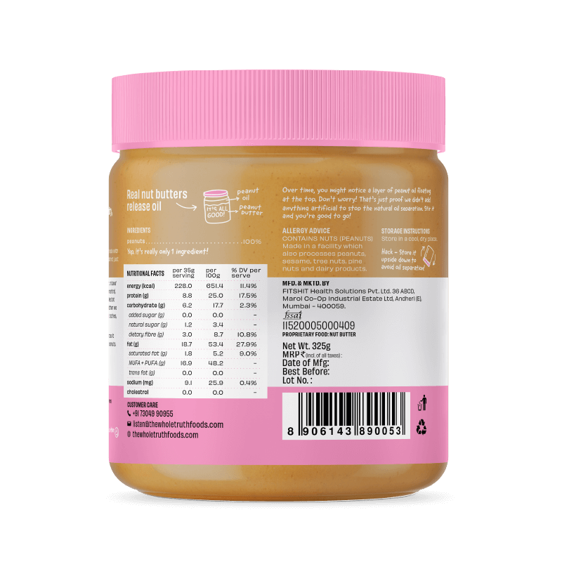 Peanut Butter | Unsweetened - Dark Chocolate - Crunchy - No Added Sugar - The Whole Truth - 325gm