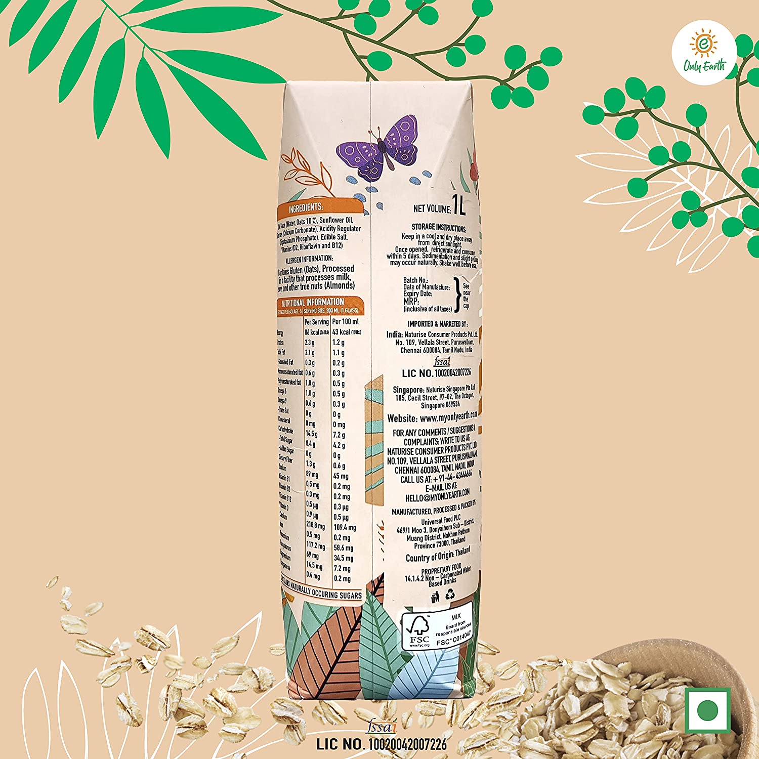 Oats Milk - Original - Vegan, Soy Free, Lactose Free, No Trans Fat & Cholesterol Free - Only Earth - 1000ml