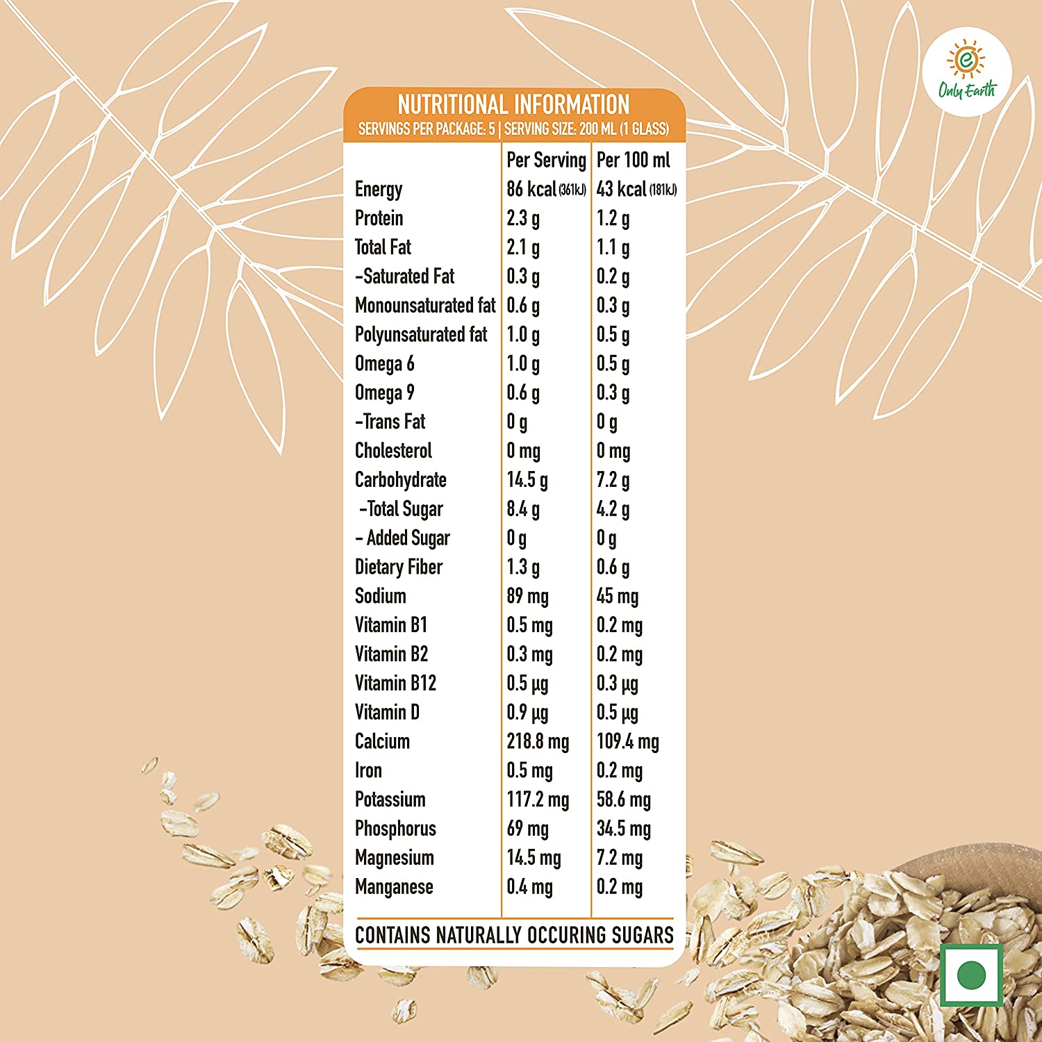 Oats Milk - Original - Vegan, Soy Free, Lactose Free, No Trans Fat & Cholesterol Free - Only Earth - 1000ml