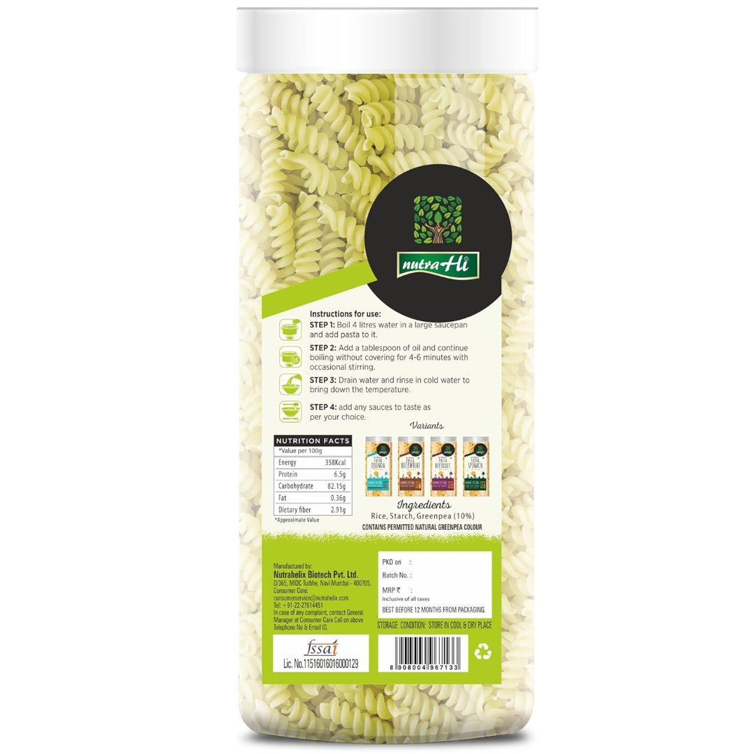 Pasta | Green Pea - Vegan, Gluten Free, No Maida, No Wheat, No Added Color, Flavours & Preservatives Free - NutraHi - 200gm