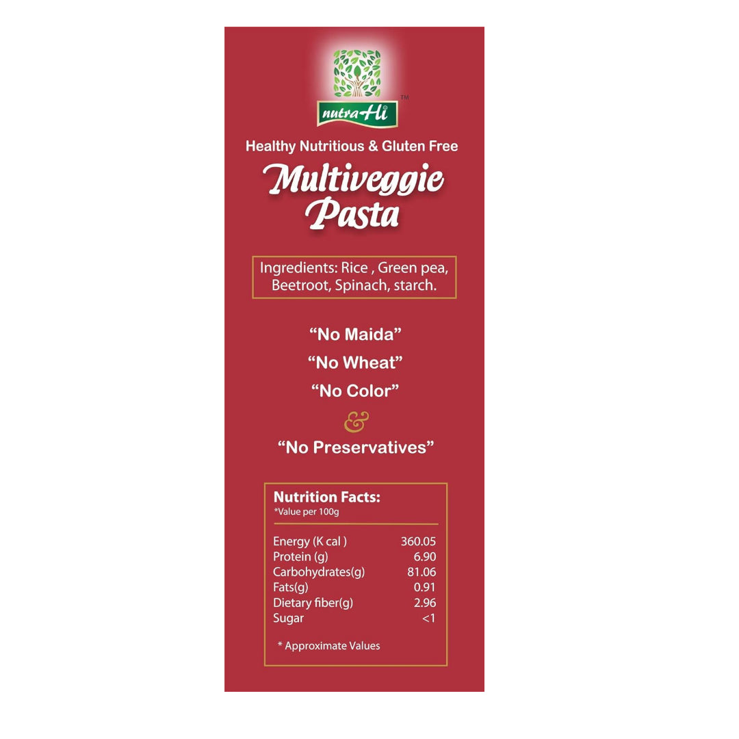 Pasta | Multi Veggie Pasta - Vegan, Gluten Free, No Maida, No Wheat, No Added Color, Flavours & Preservatives Free - NutraHi - 250gm