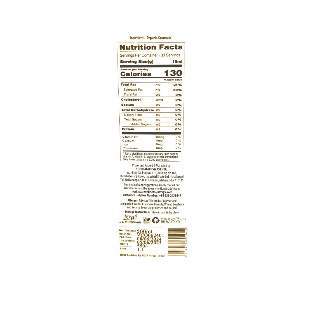 Coconut Oil | Virgin Coconut Oil - Organic - Wood Pressed Oil – No Added Chemicals & No Added Artificial Preservatives – Satvyk – 500ml