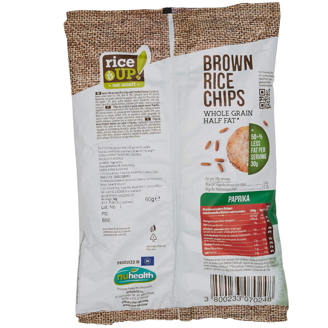 Chips | Brown Rice Chips With Paprika – Gluten Free, Half Fat, Not Fried & Whole Grains With Olive Oil – Riceup – 60gm