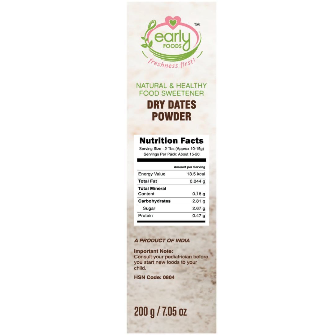 Dry Dates Powder Natural Sweetener - Vegan, Gluten Free, No Added Sugar, No Salt & No Milk - Early Foods - 200gm