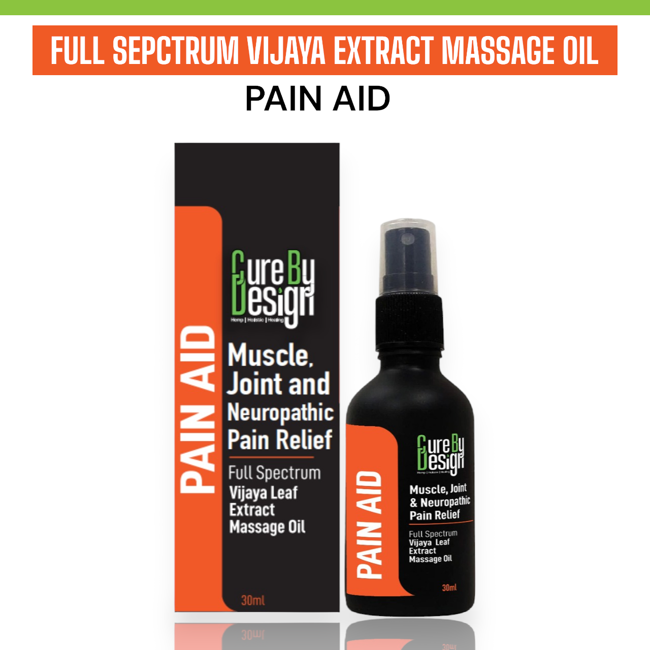 Massage Oil | Muscles Joint And Neuropathic Pain Relief - Pain AID - Full Spectrum Vijaya Leaf Extract Massage Oil - Instant Relief for Sore Muscles, Nerves and Joints - Cure By Design - 10ml