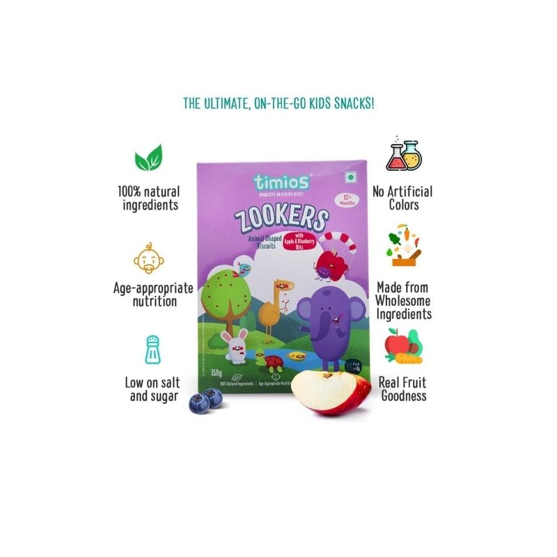 Zooker Apple and Blueberry Bits - Natural - No Added flavors & No Added Preservatives - Timios - 150gm