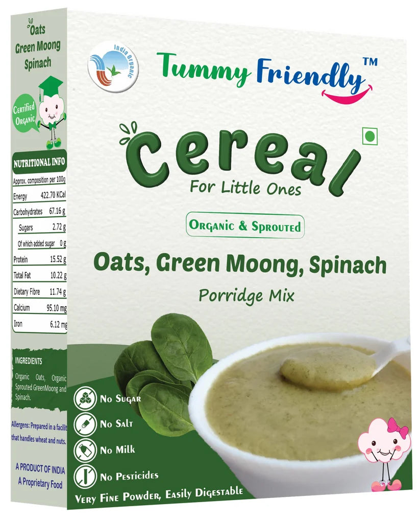Porridge Mix | Cereal (Oats, Moong & Spinach ) - USDA Organic - No Pesticides, Chemicals, Milk, Salt & No Added Sugar - Tummy Friendly – 200gm
