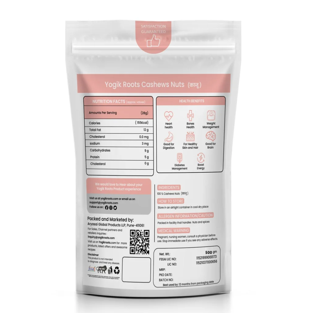 Cashew Nuts | Jumbo (Konkan King) – Maharashtra – Rich Source Of Protein – Naturally Harvested – Gluten Free, Non GMO, No Added Preservatives & Residue Free – Yogik Roots – 500gm