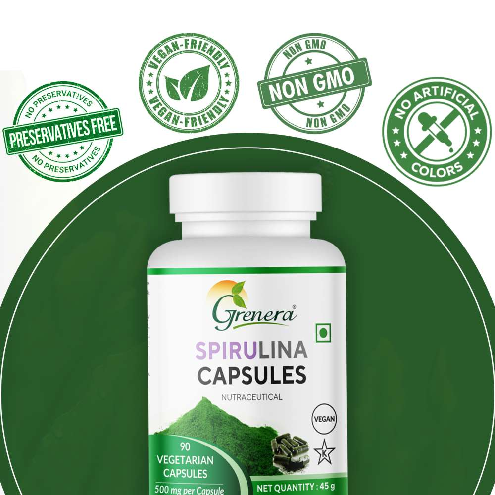 Spirulina Capsules | Nutraceutical- Vegan, Gluten Free, Non Gmo, Preservatives Free & No Additives - Grenera – 90 Capsules
