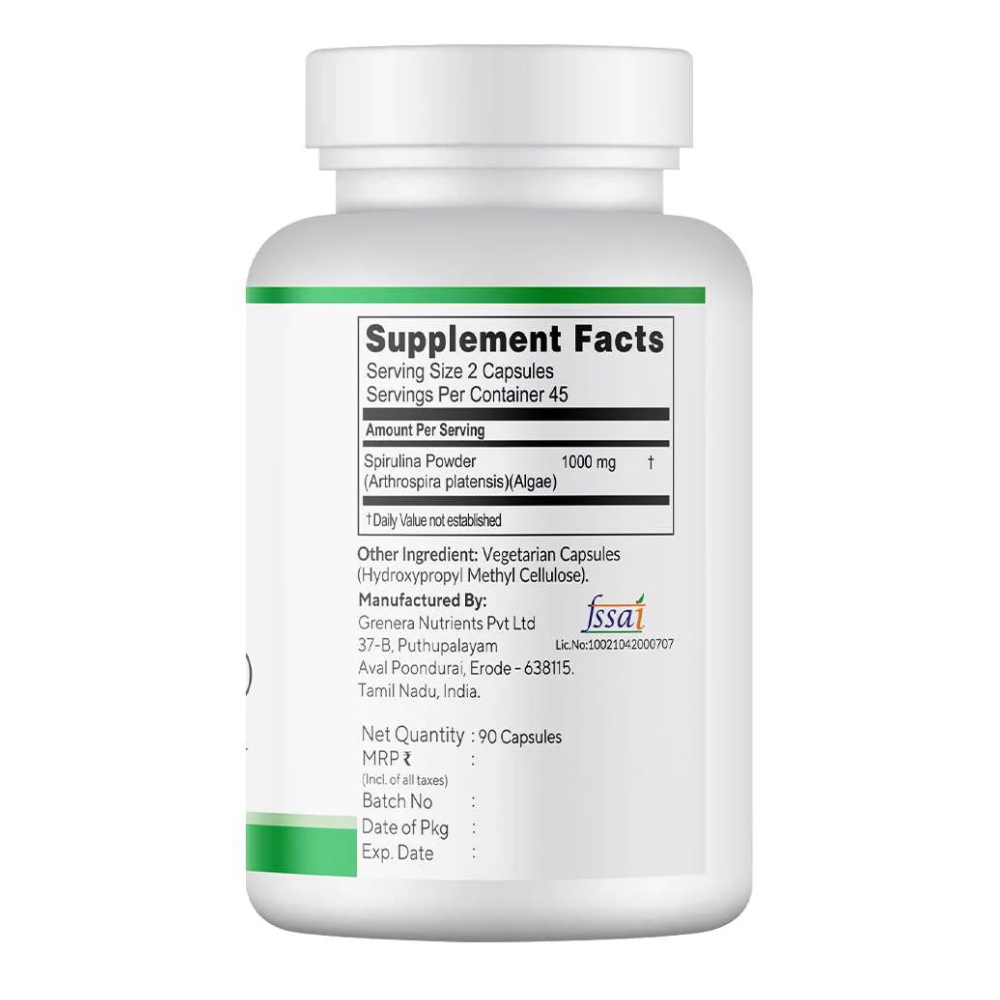 Spirulina Capsules | Nutraceutical- Vegan, Gluten Free, Non Gmo, Preservatives Free & No Additives - Grenera – 90 Capsules