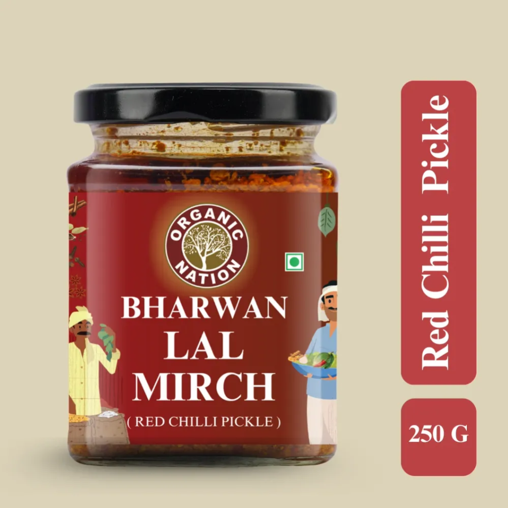 Pickle | Bharwan Lal Mirch (Red Chilli Pickle)- 100% Homemade - No Added Preservatives - 100% Homemade - No Added Preservatives - Organic Nation- 250gm