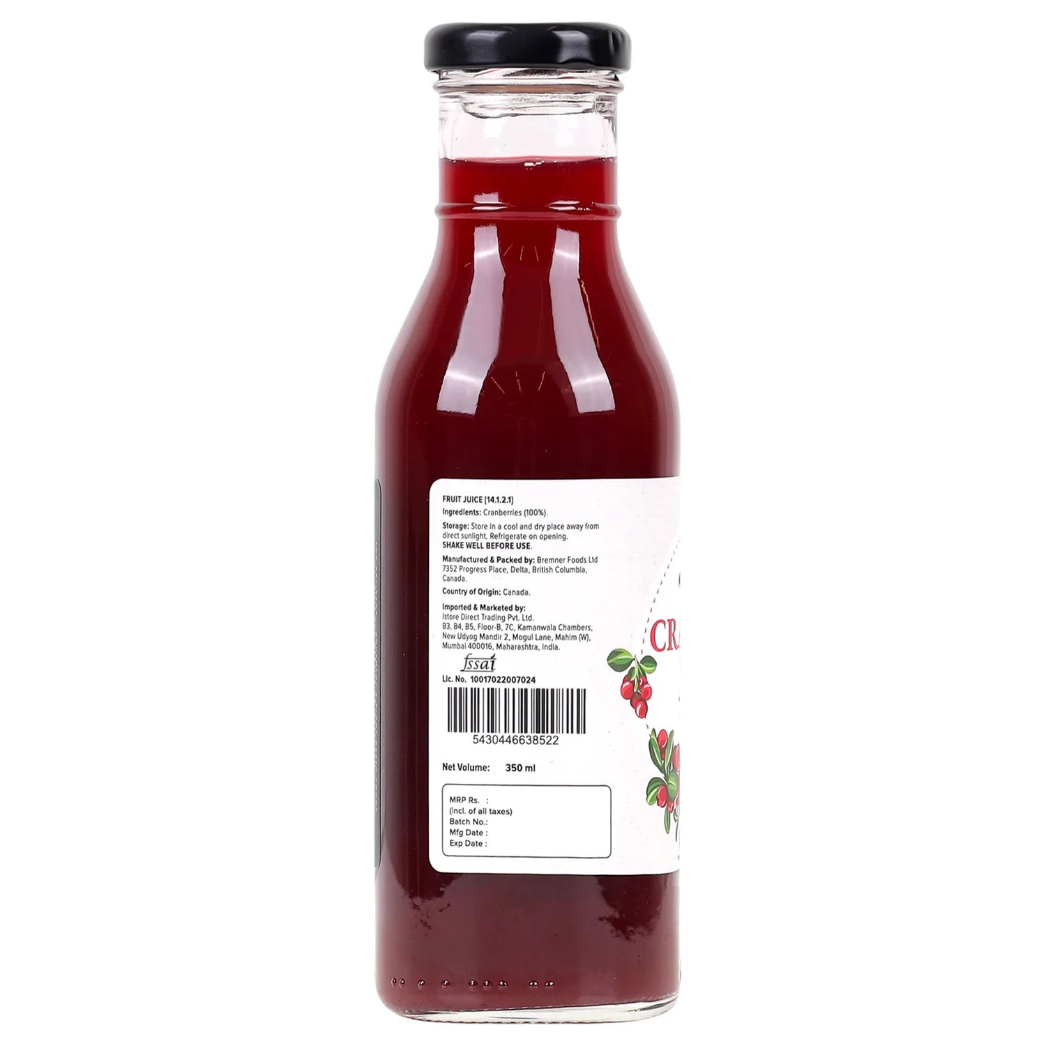 Juice | Pure Canadian Cranberry Juice (Made With Only One Ingredients) - All Natural - Unsweetened - Canadian -  Good for UTI Health, Antioxidant Powerhouse & Preservative Free - Urban Patter - 350ml