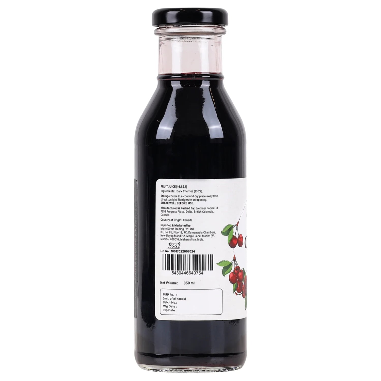 Juice | Dark Cherry Juice (Made With Only One Ingredients) - All Natural -  Unsweetened - Canadian - Supports Sleep, Recovery, Joint Health, Antioxidant Powerhouse, No Added Sugar & Preservative Free - Urban Patter - 350ml