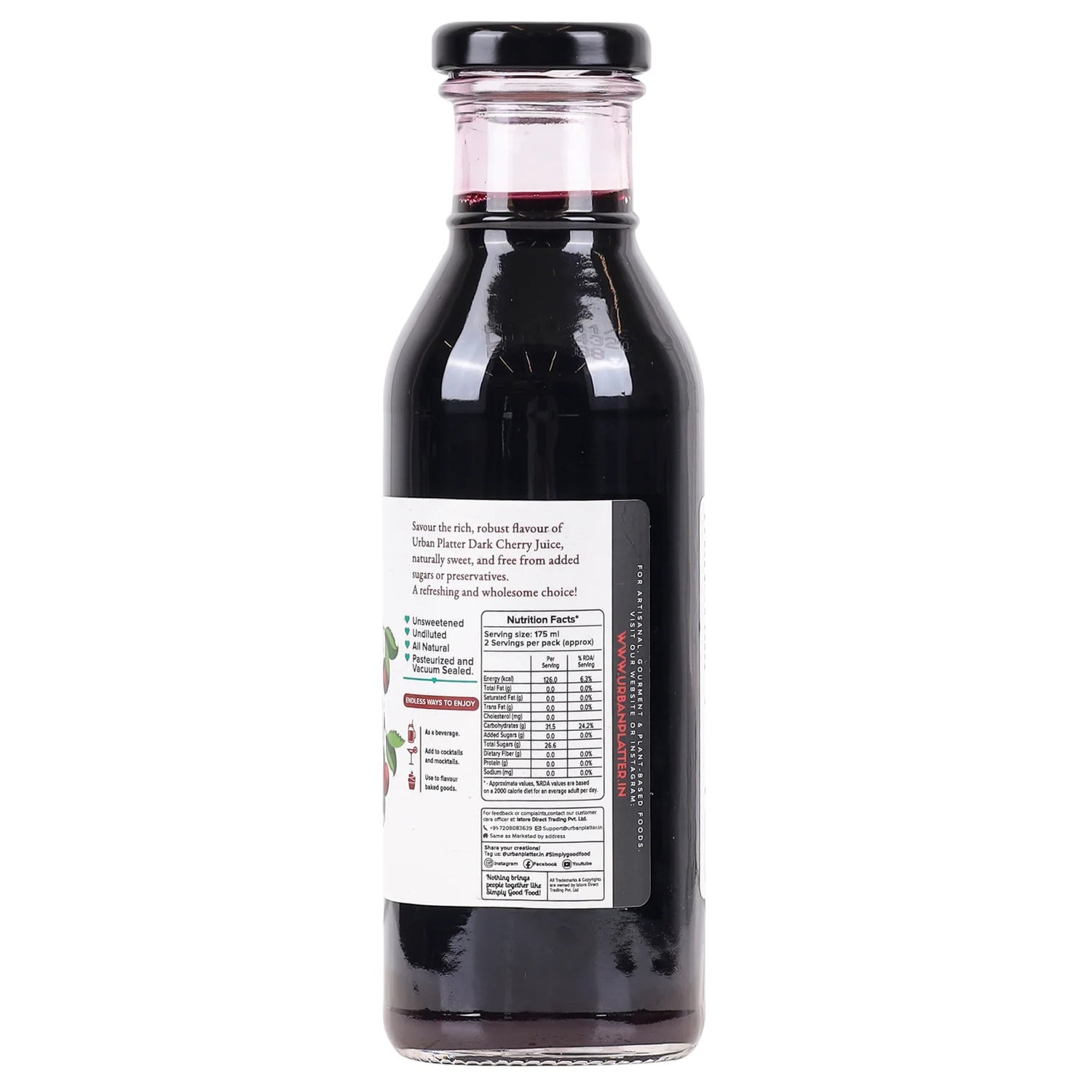 Juice | Dark Cherry Juice (Made With Only One Ingredients) - All Natural -  Unsweetened - Canadian - Supports Sleep, Recovery, Joint Health, Antioxidant Powerhouse, No Added Sugar & Preservative Free - Urban Patter - 350ml