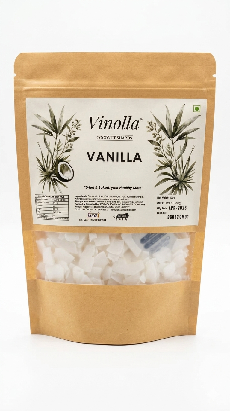 Coconut Chips | Vanilla Coconut Chips - Dried & Baked - Natural - No Preservatives -Vinolla - 100gm