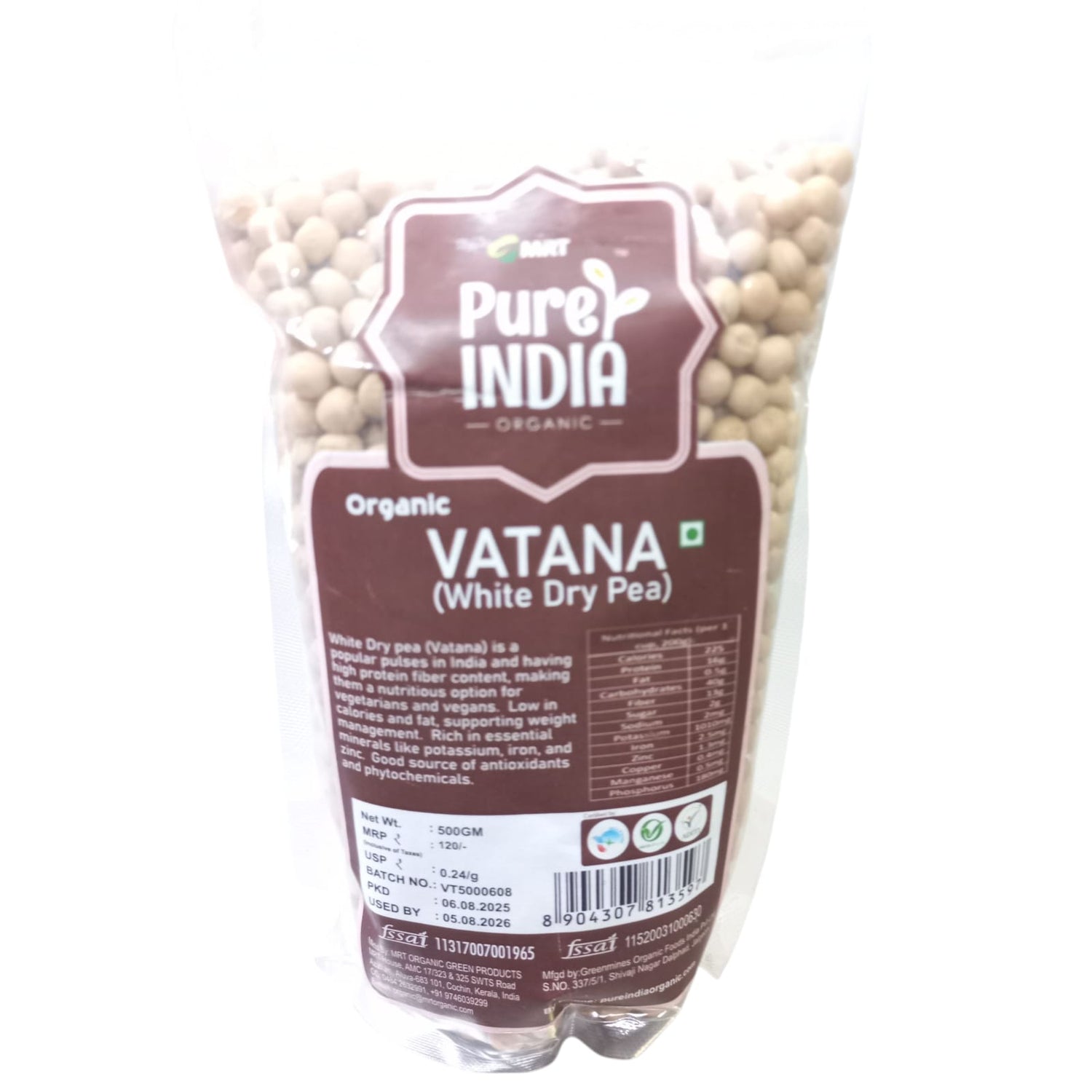 Pea | Vatana (White Pea) - Organic - Gluten Free, Non GMO & High In  Phosphorous And Zinc - Mrt Organic - 500gm