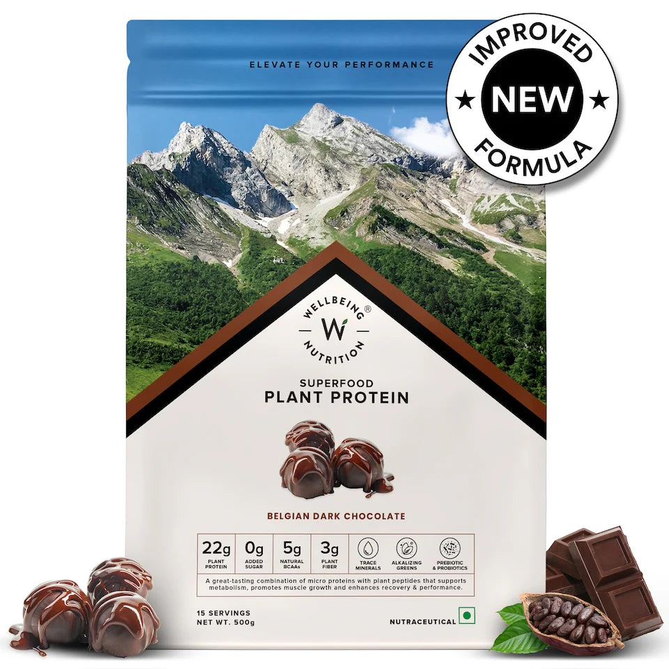 Protein Powder | Plant Protein - Belgian Dark Chocolate – 22gm Plant Protein – Vegan, Gluten Free, Dairy Free & Non GMO – Wellbeing Nutrition – (15 Serving) – 500gm