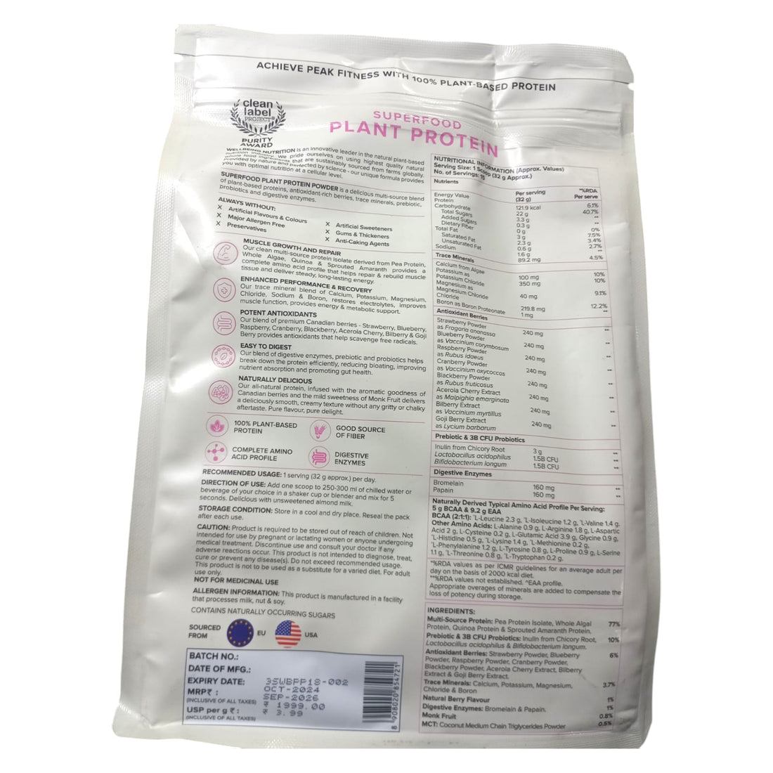 Protein Powder | Plant Protein – Canadian Mixed Berry - 22gm Plant Protein – Vegan, Gluten Free, Dairy Free & Non GMO – Wellbeing Nutrition – (15 Serving) – 500gm