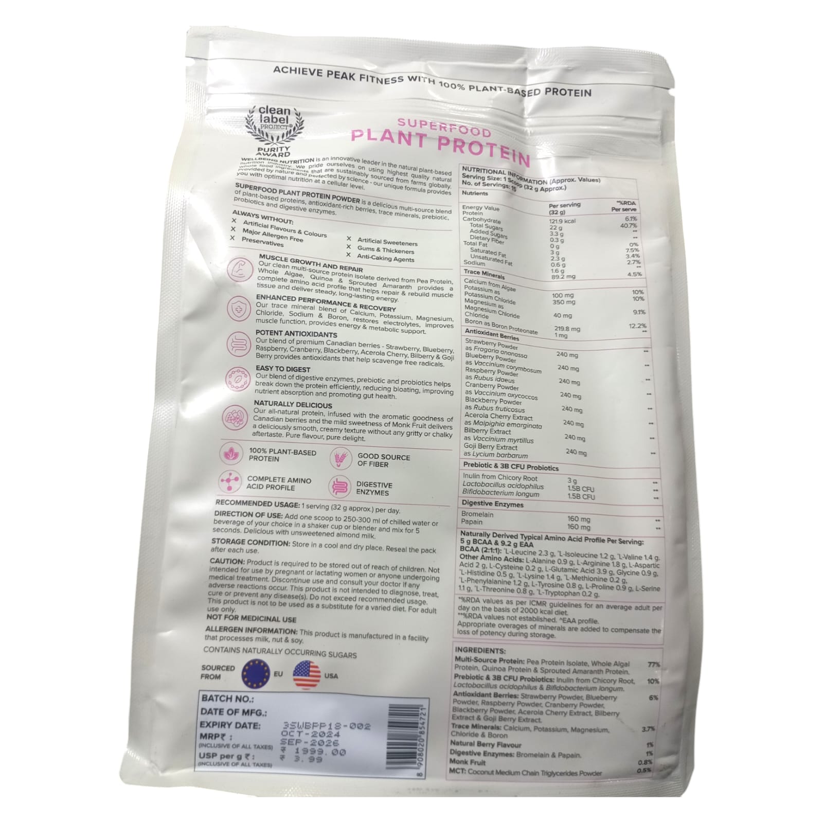 Protein Powder | Plant Protein – Canadian Mixed Berry - 22gm Plant Protein – Vegan, Gluten Free, Dairy Free & Non GMO – Wellbeing Nutrition – (15 Serving) – 500gm