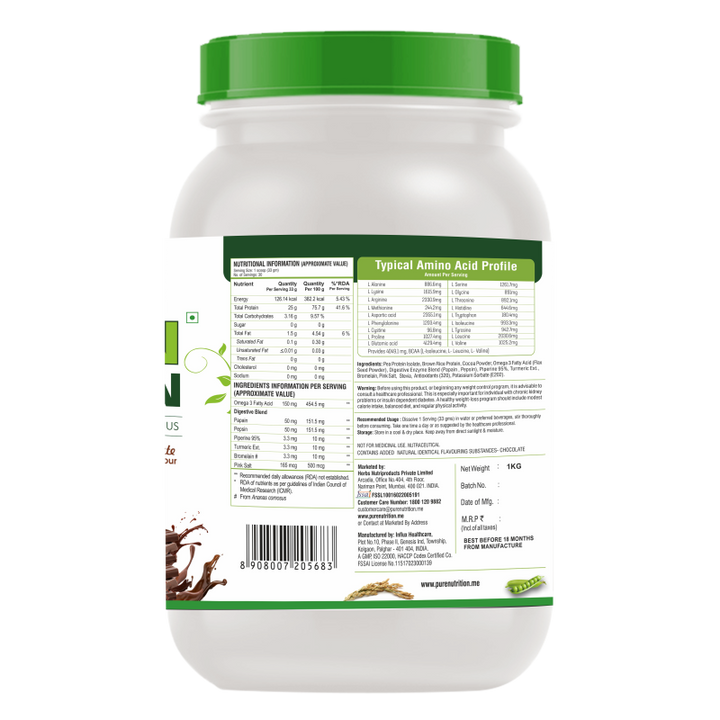 Protein Powder | Vegan Protein With Omega 3 Fatty Acids & Digestive Enzyme Blend – Chocolate – Gluten Free, Zero Added Sugar, High Protein, Soy Free, Milk Free, Lactose Free & Non GMO – Pure Nutrition – 1000gm