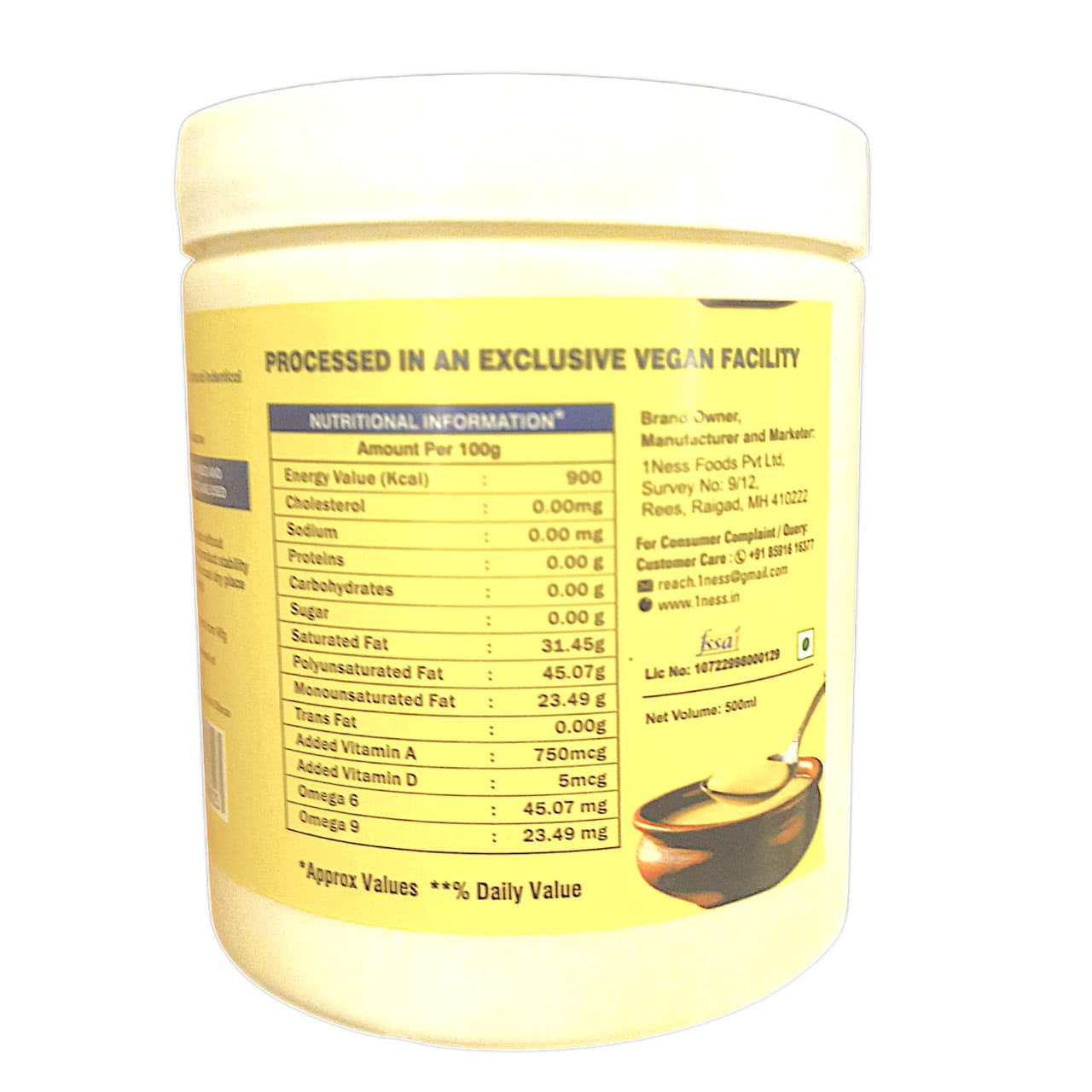 Vegan Ghee | Vhee - Plant Based Clarified Butter Alternative - Dairy Free, Preservatives Free, Non GMO, No Palm Oil & Cholesterol Free - 1Ness - 500ml