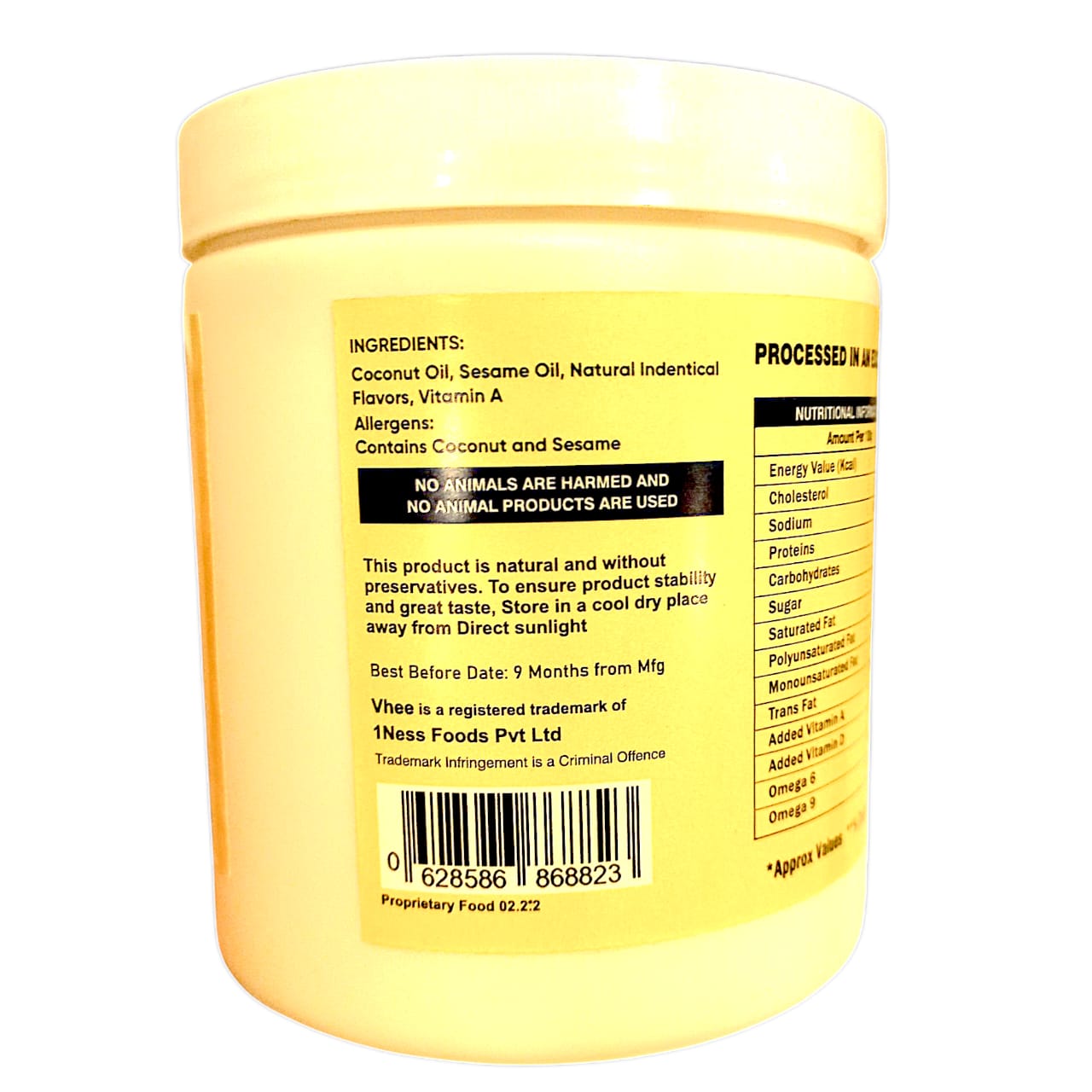 Vegan Ghee | Vhee - Plant Based Clarified Butter Alternative - Dairy Free, Preservatives Free, Non GMO, No Palm Oil & Cholesterol Free - 1Ness - 500ml