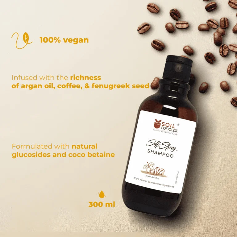 Shampoo | Vegan Shampoo - Argan & Coffee - 100% Natural Base & Active Ingredients - Vegan & Paraben Free - Soil Concept - 300ml