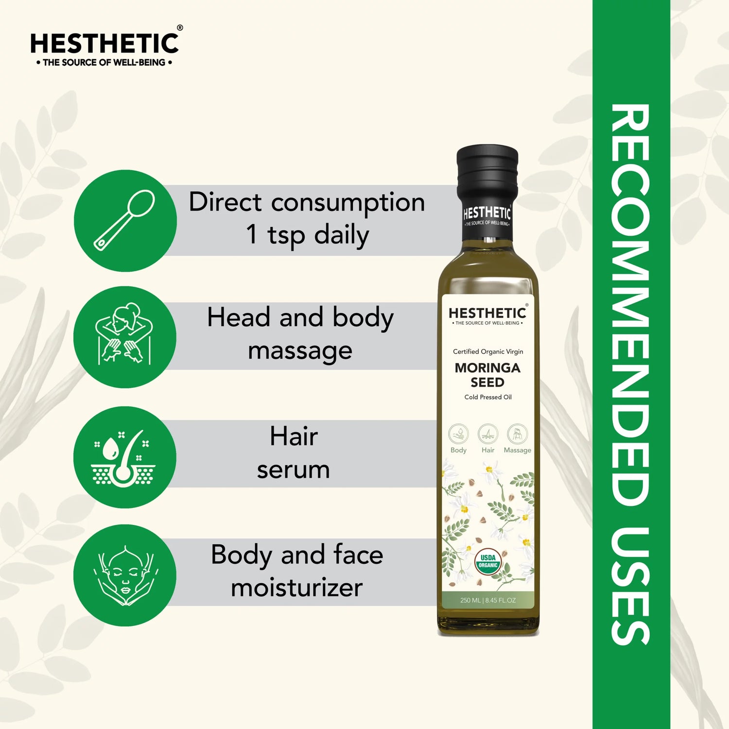 Moringa Seed Oil | Virgin Cold Pressed Oil - For Body, Hair & Massage - USDA Organic - HESTHETIC - 100ml