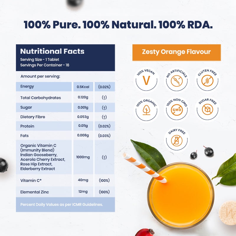 Vitamin C + Zinc - 1000mg – Vegan, Gluten Free, Sugar Free & Dairy Free - Wellbeing Nutrition – 16 Tablets