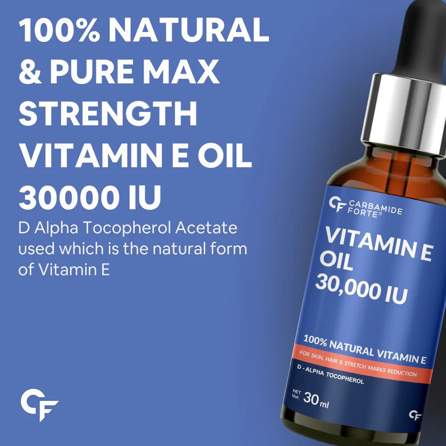 Vitamin E Oil | 30000 IU - Pharma Grade & Tested For Purity - 100% Natural Vitamin E Oil - For Skin, Hair & Stretch Marks Reduction - Paraben Free & Sulphate Free - Carbamide Forte - 30ml