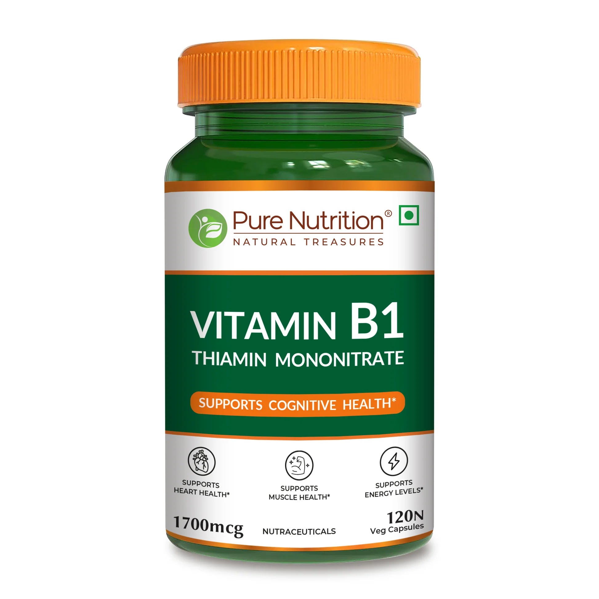 Vitamin B1 | Thiamine Mononitrate (1700 mcg) - Supports Cognitive Health - Supports Muscle Health , Supports Energy Levels, Supports Heart Health - Pure Nutrition - 120N Veg Capsules