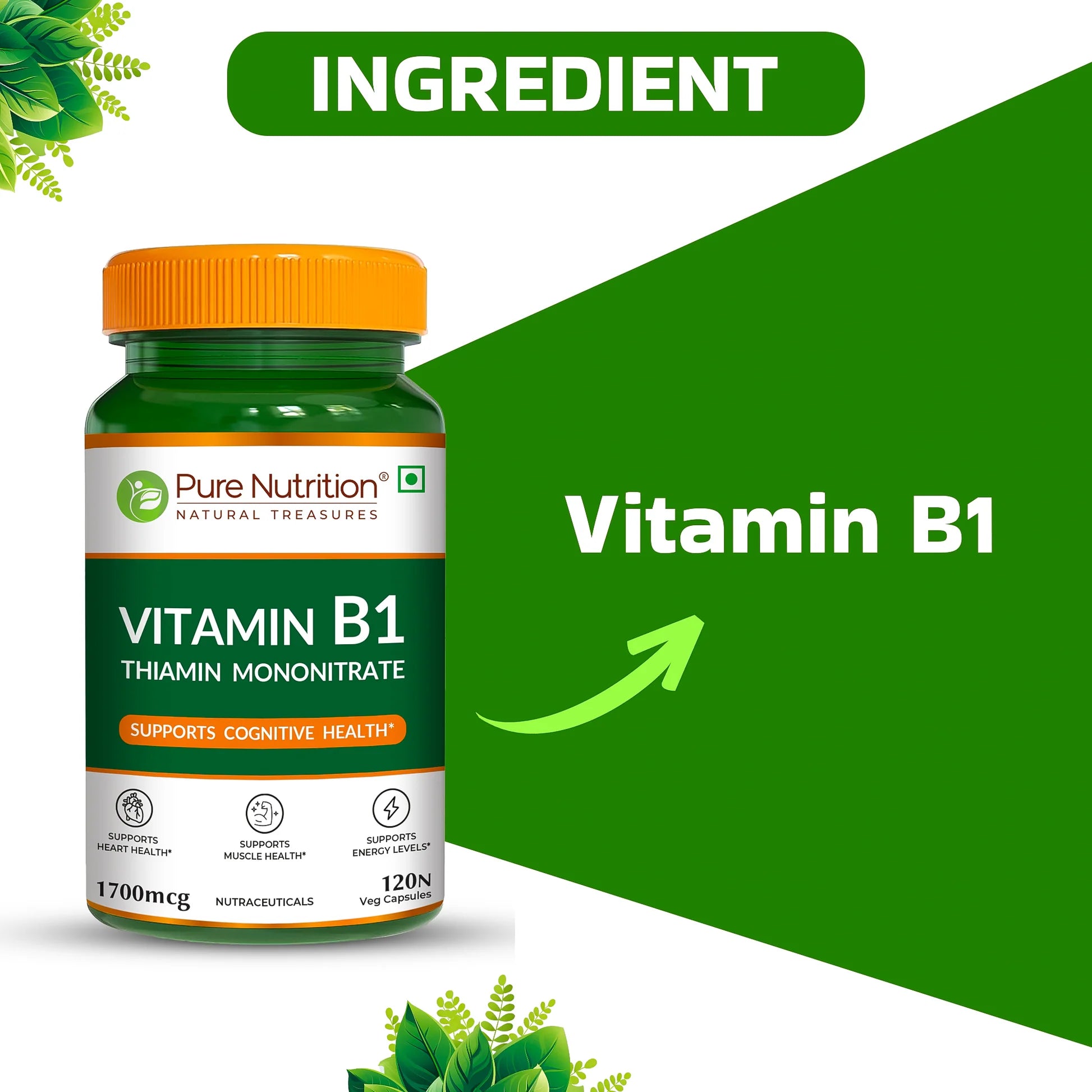 Vitamin B1 | Thiamine Mononitrate (1700 mcg) - Supports Cognitive Health - Supports Muscle Health , Supports Energy Levels, Supports Heart Health - Pure Nutrition - 120N Veg Capsules