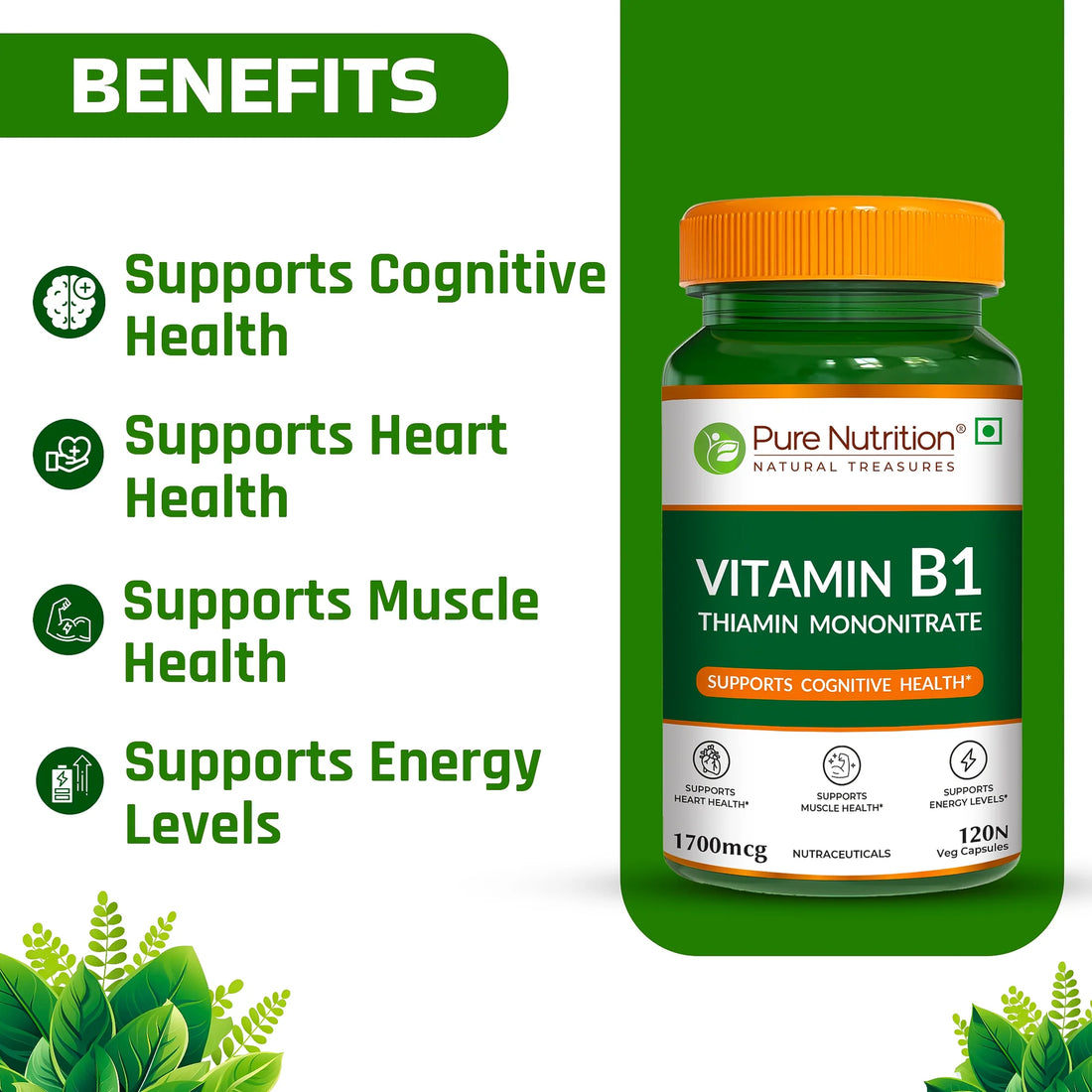 Vitamin B1 | Thiamine Mononitrate (1700 mcg) - Supports Cognitive Health - Supports Muscle Health , Supports Energy Levels, Supports Heart Health - Pure Nutrition - 120N Veg Capsules