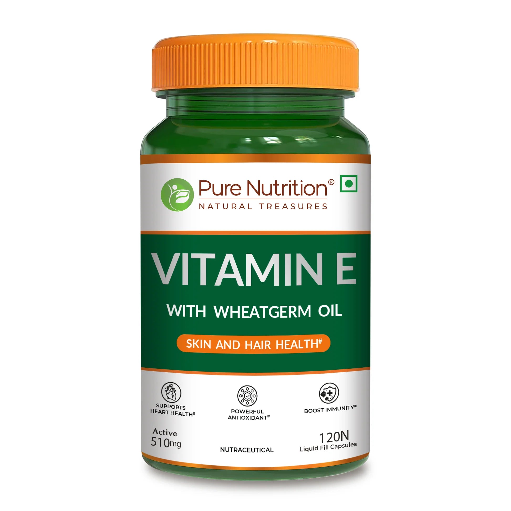 Vitamin E | Wheatgerm Oil (Skin & Hair Health)-510mg- Supports Skin and Hair health- Antioxidant Support - Pure Nutrition - 120N Veg Capsules