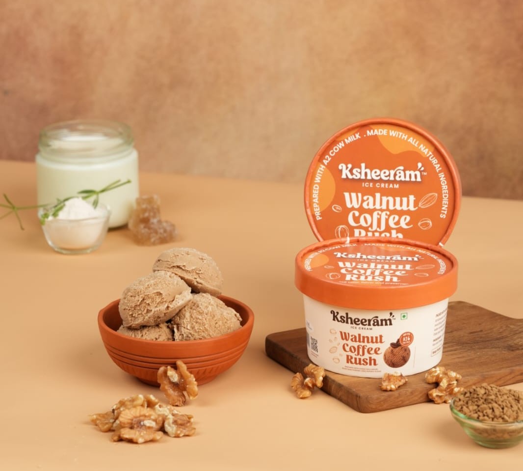 Ice Cream | Walnut Coffee Rush Ice Cream - Aromatic Coffee Swirls Meet Crunchy Walnuts- Sweetened with Dhaga Mishri -Prepared With A2 Cow Milk- Zero Preservatives, No Refined Sugar & Zero Added Colour and Artificial - Ksheeram Ice Cream – 200 gms