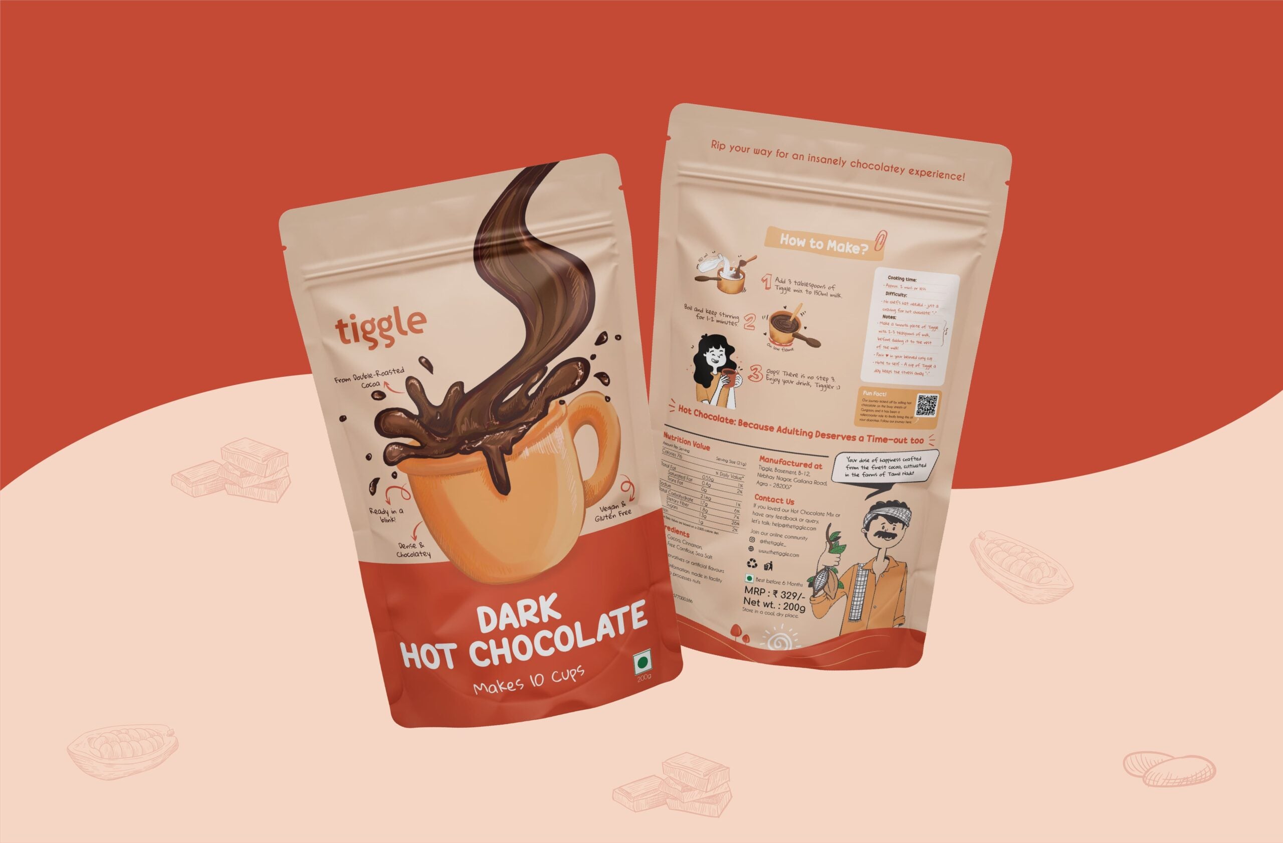 Chocolate Mix | Dark Hot Chocolate Mix - Vegan, Gluten Free & Chemical Free - Tiggle – Make 1 Cup - 20gm