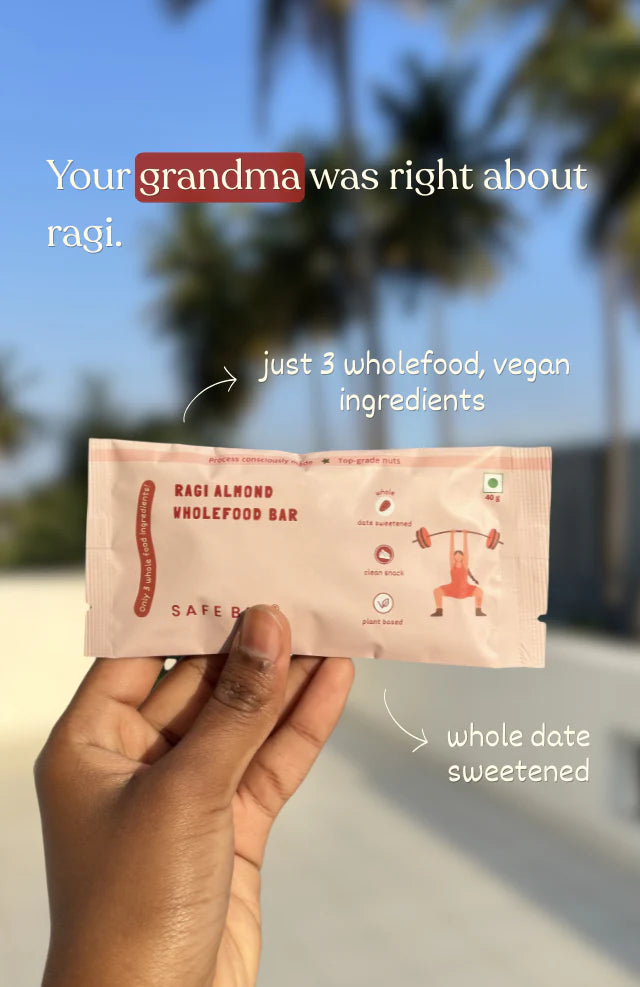Bar | Ragi Almond Whole Food Bar (Date Sweetened) –Plant Based, Gluten Free,Vegan- No Added Sugar, Emulsifiers & No Added Stabilizers – Safe Bee – 40gm