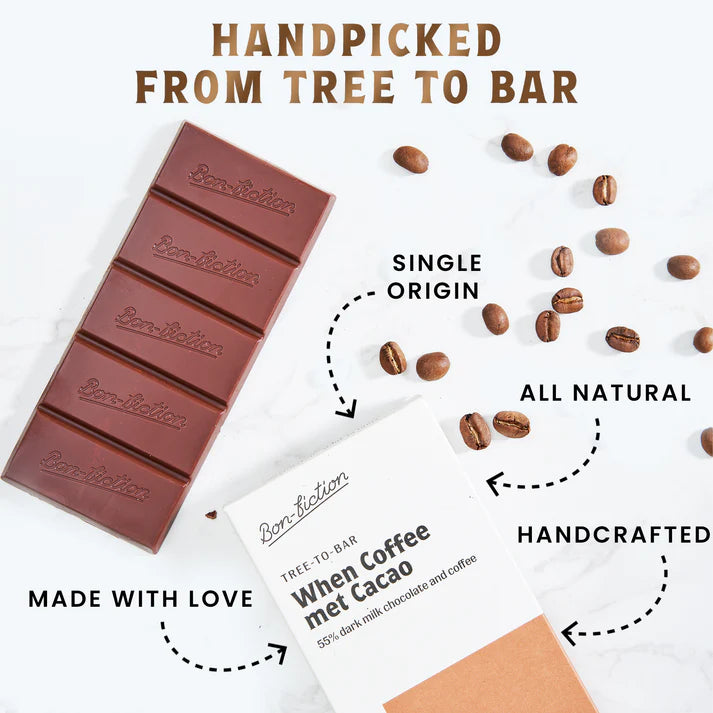 Milk Chocolate | When Coffee Met Cacao - 55% Dark Milk Coffee Chocolate - Tree To Bar - Single Origin – 100% Natural – Vegan, Gluten Free, Palm Oil Free, Non GMO, No Artificial Flavour & No Added Preservatives – Bon-Fiction – 55gm