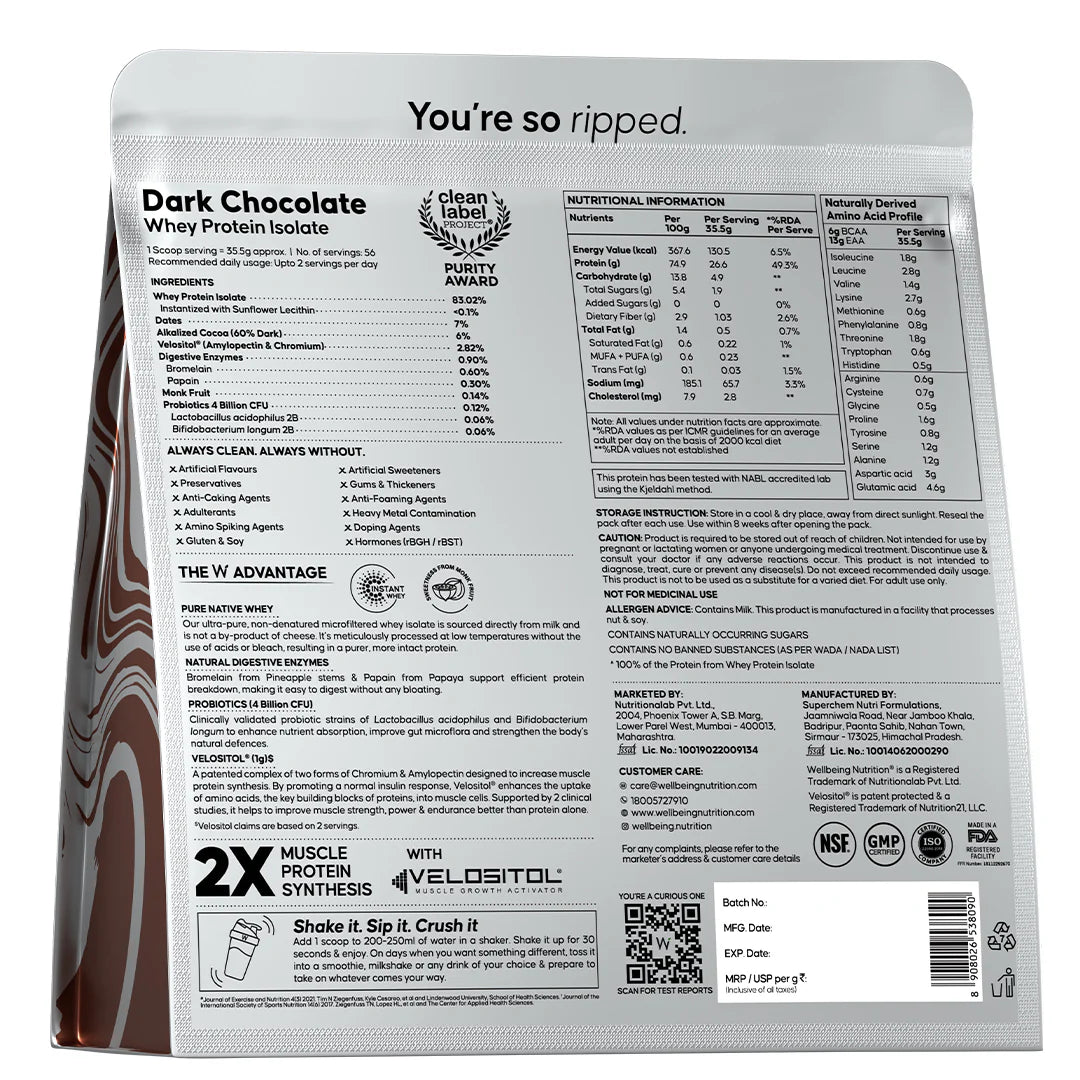 Protein Powder | Whey Protein Isolate – Dark Chocolate – 26gm Protein – Gluten Free, Builds Lean Muscle Mass, Improves Strength & Endurance, Increases Power Output, Accelerates Muscle Recovery & Promotes Weight Management – Wellbeing Nutrition – 2000gm