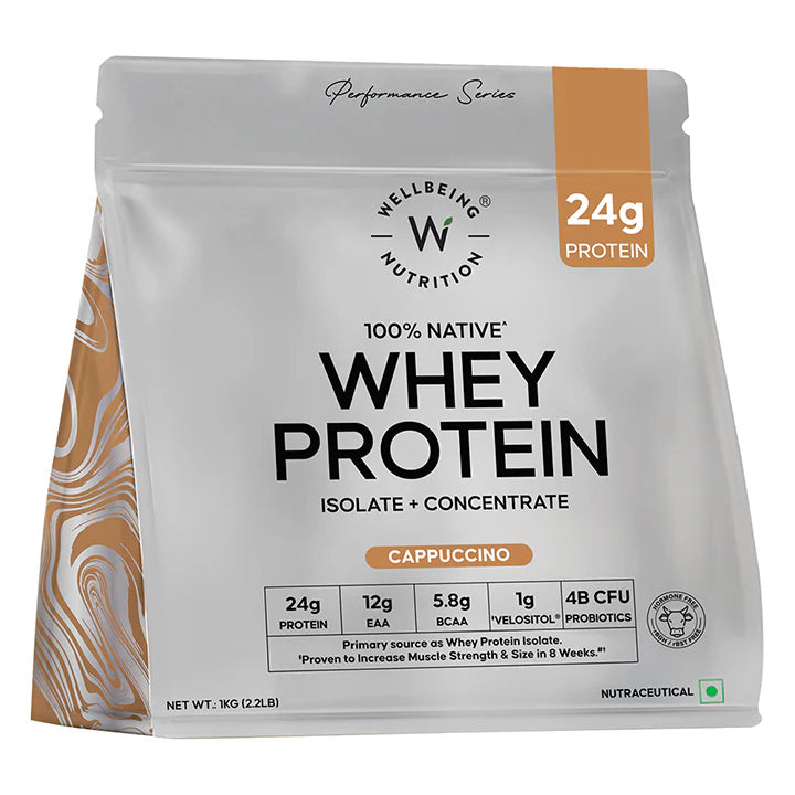 Protein Powder | Whey Protein Isolate + Concentrate 24g (Cappuccino) - Gluten Free, No Gums, Thickner & No Artificial Flavours And Sweetners - Wellbeing Nutrition - 1000gm