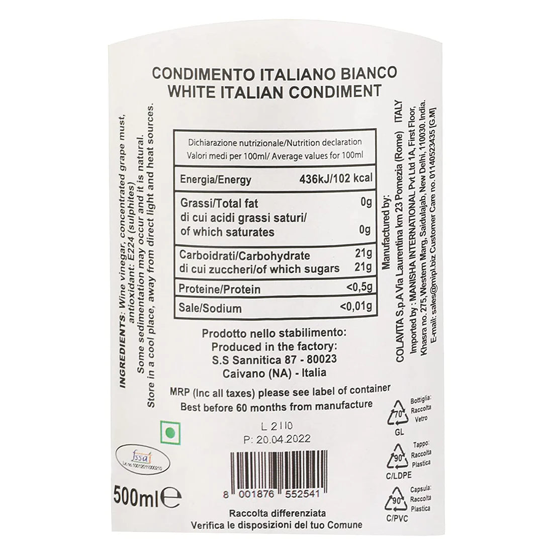 White Italian Condiment Balsamic Vinegar - Italy Origin - Colavita - 500ml