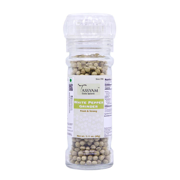 White Pepper | Grinder - Fresh & Strong - Tassyam Organics - 60gm Bottle