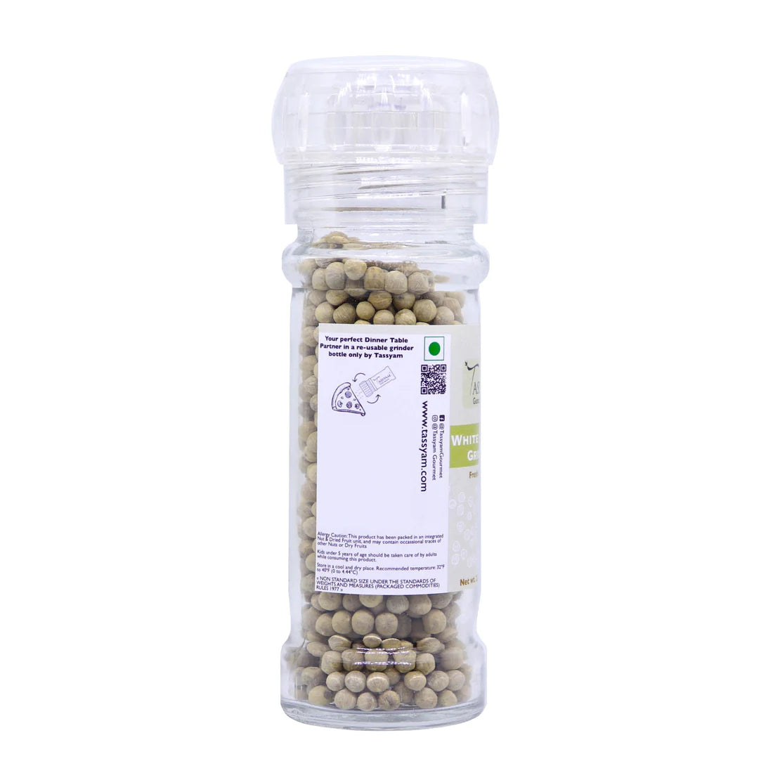 White Pepper | Grinder - Fresh & Strong - Tassyam Organics - 60gm Bottle