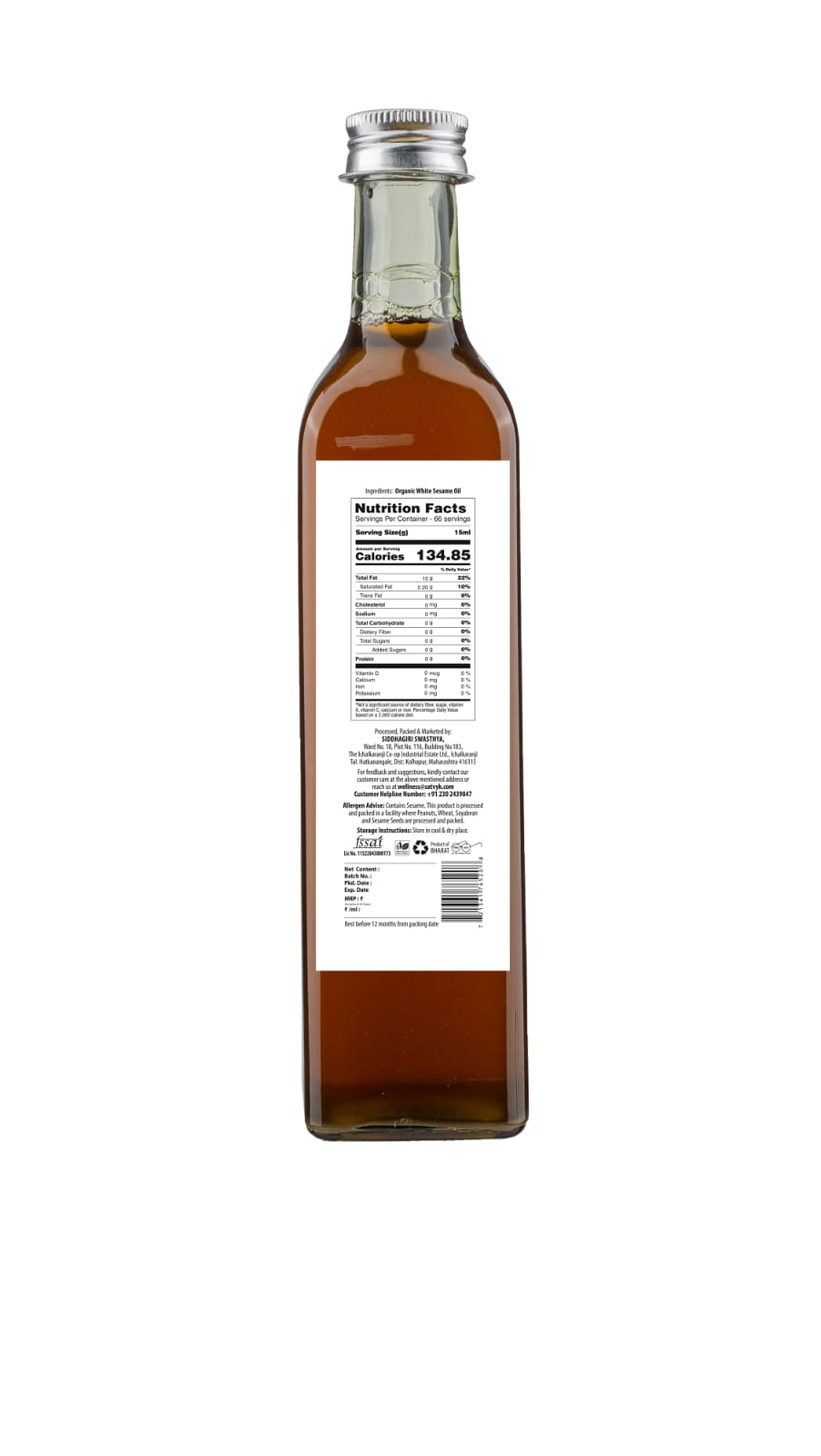 Sesame Oil | White Sesame Oil - Organic - Wood Pressed Oil – No Added Chemicals & No Added Artificial Preservatives – Satvyk – 500ml