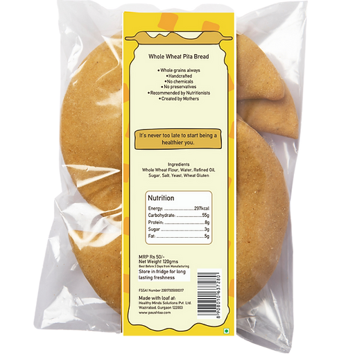 Pita Bread | Whole Wheat Pita Bread - Vegan, No Bread Improver, Emulsifiers, Stabiliser, No Preservatives & No Flavour Enhancer Or No Refined Sugar - Paushtaa - 150gm