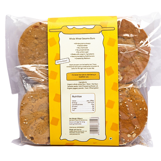 Burger Bun | Whole Wheat Sesame Buns - Vegan, No Bread Improver, Emulsifiers, Stabiliser, No Preservatives & No Flavour Enhancer Or No Refined Sugar - Paushtaa - 400gm